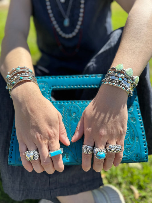 Turquoise with Alternating Gold and Silver Bead Ball Ring