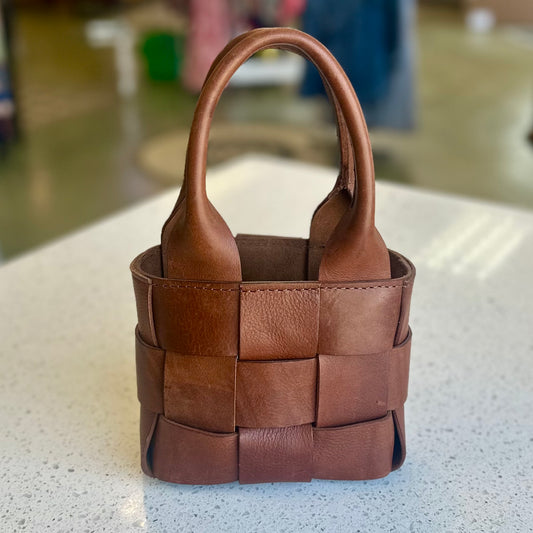 Leather Woven Small Handbag - Camel HANDBAGS Indigo Laine