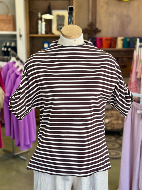 Simple Knit Funnel Neck Top - Brown & White Stripes Top Sweet Revenge Rags