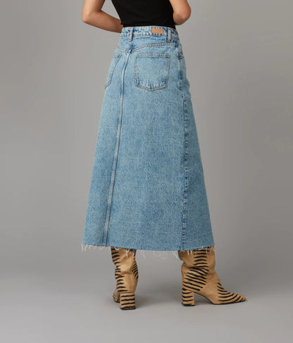 Halston Denim Maxi Skirt with Front Slit – Trends Halston Denim Maxi Skirt with Front Slit – Trends