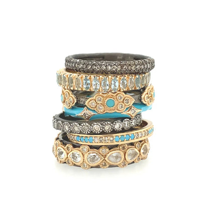 Turquoise Enamel & Champagne Diamonds Gold Crivelli Stack Band Ring Rings Armenta