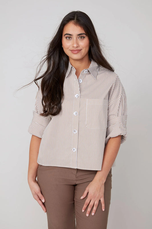 Striped Woven Blouse Shirt - Tan TOP RENUAR
