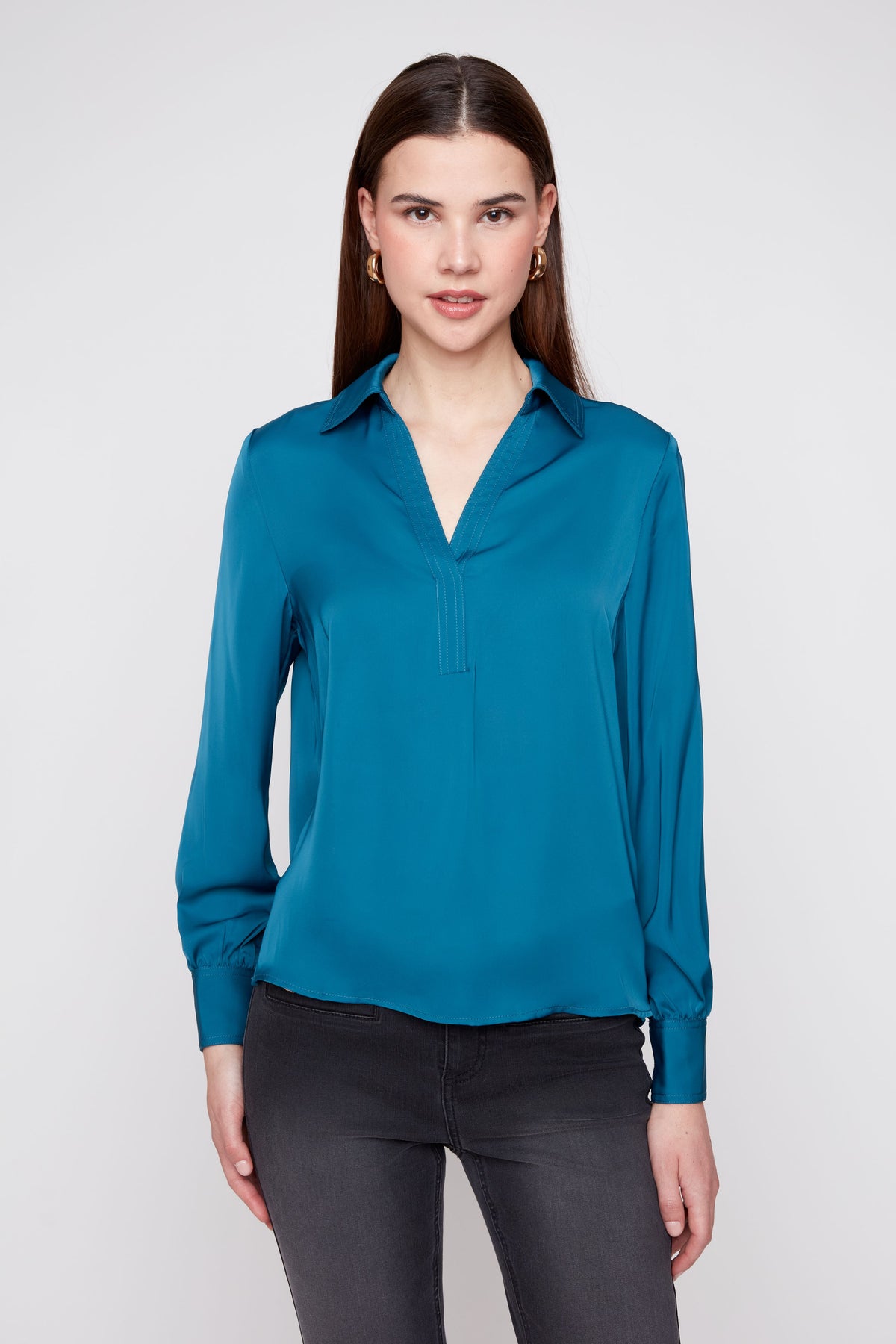 Lux Silky Long Sleeve Collared Blouse - Deep Sea TOP RENUAR