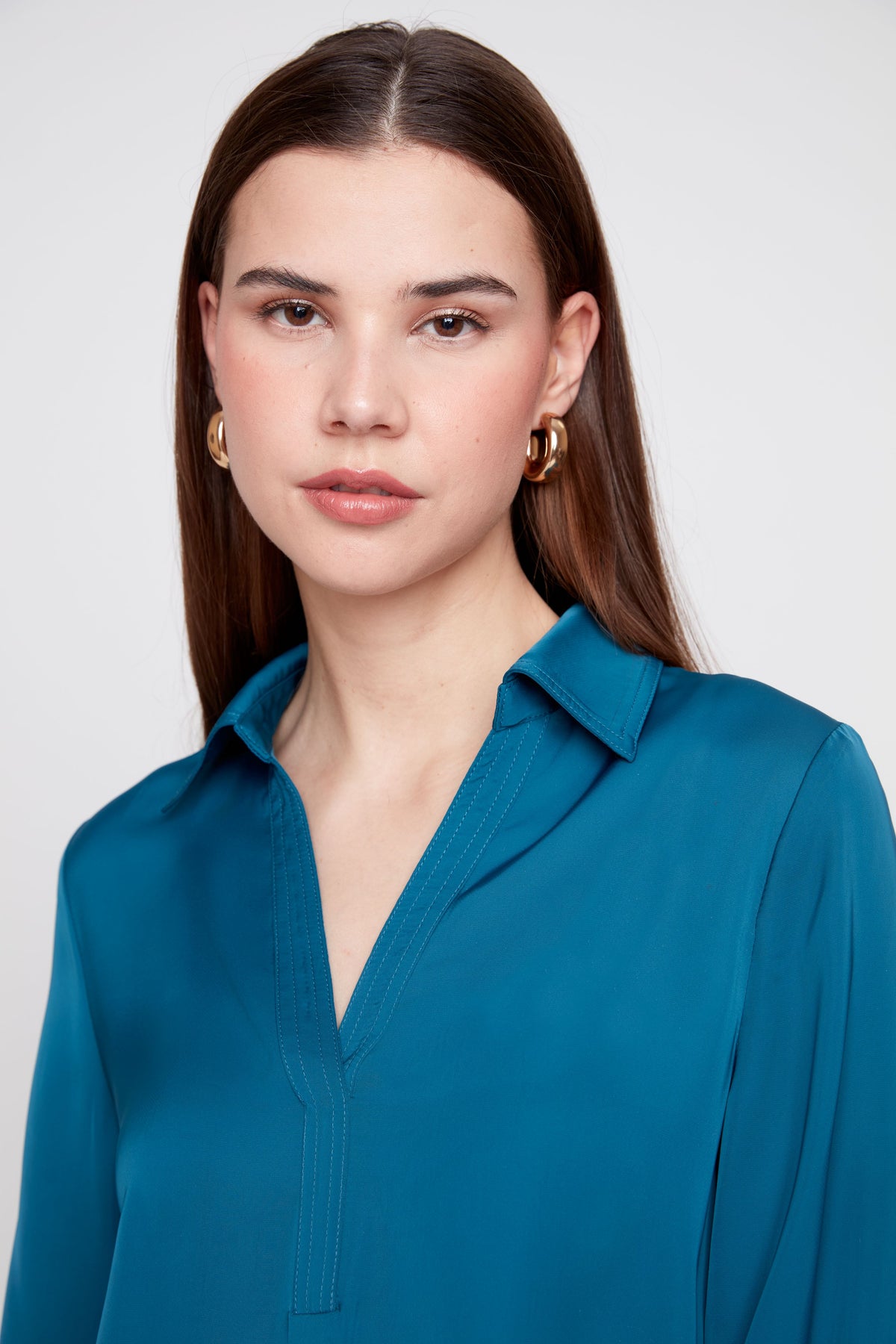 Lux Silky Long Sleeve Collared Blouse - Deep Sea TOP RENUAR