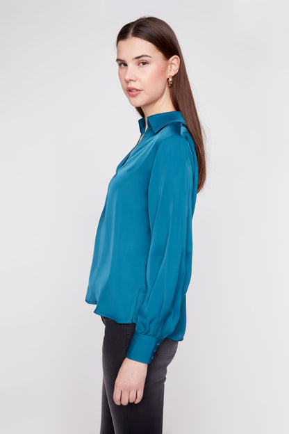 Lux Silky Long Sleeve Collared Blouse - Deep Sea TOP RENUAR