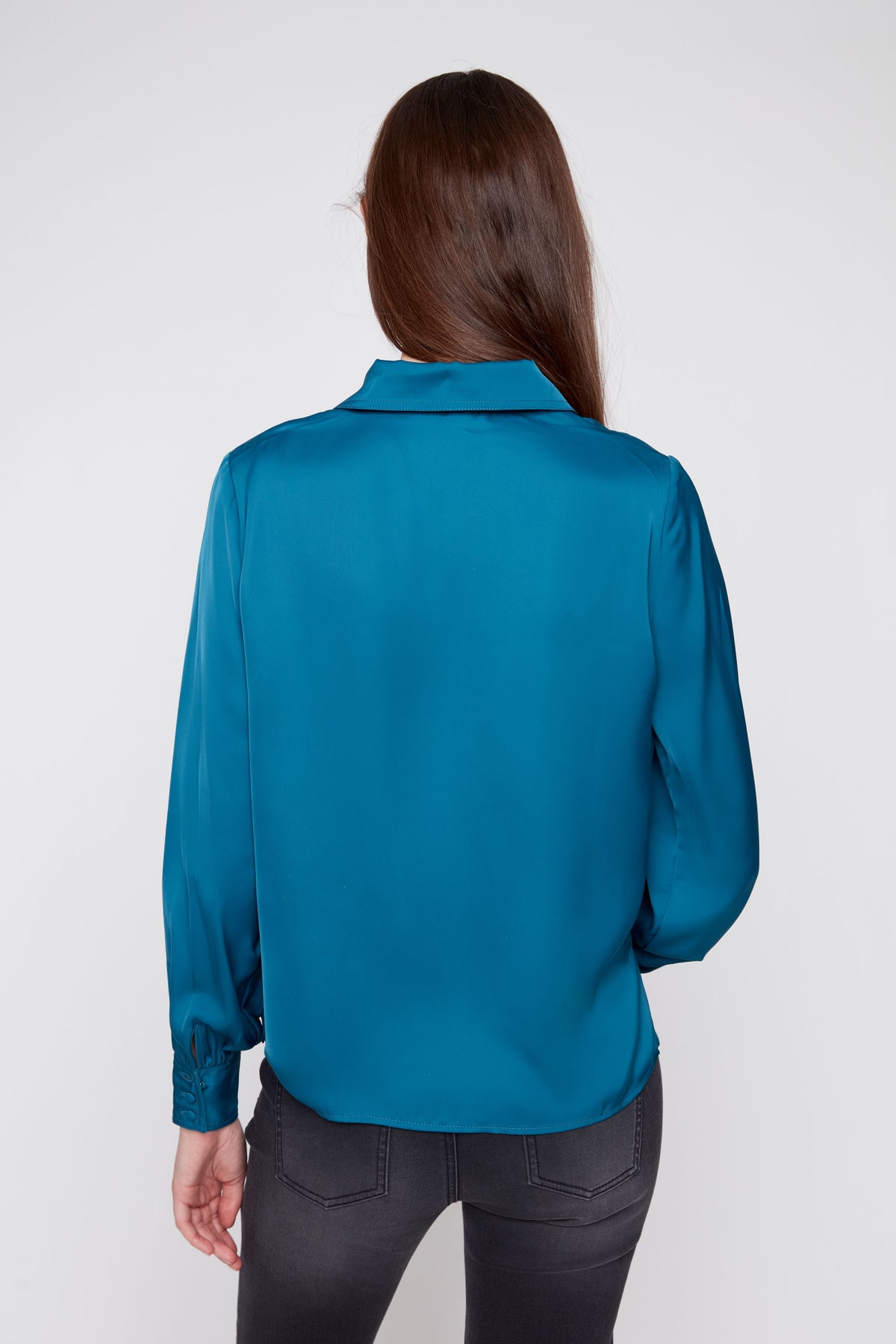 Lux Silky Long Sleeve Collared Blouse - Deep Sea TOP RENUAR