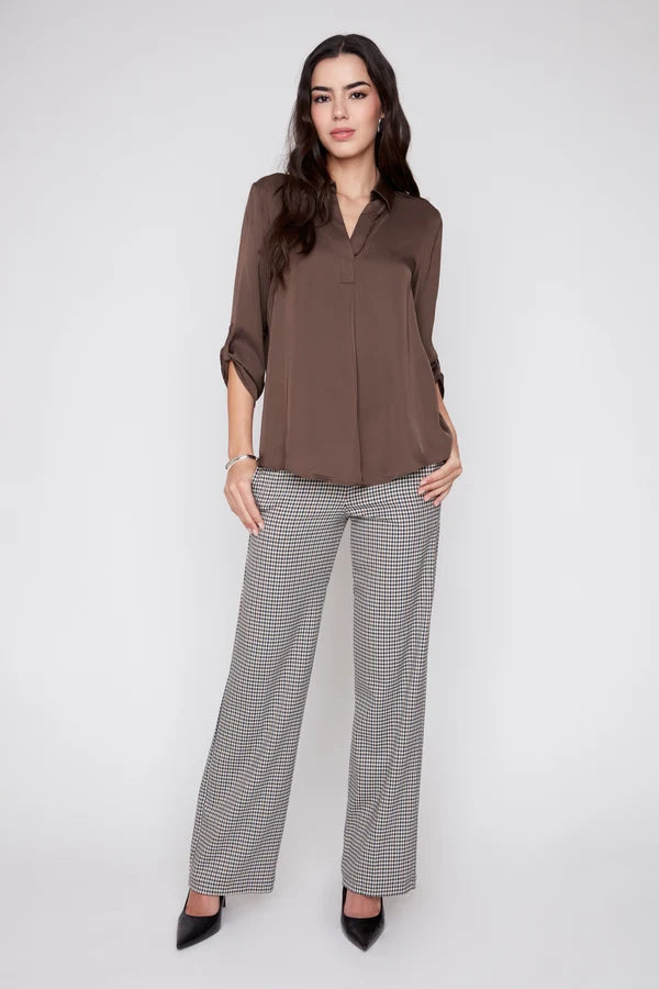 Lux Silky Long Sleeve Collared Blouse - Chocolate TOP RENUAR