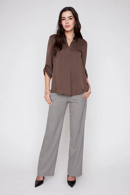 Lux Silky Long Sleeve Collared Blouse - Chocolate TOP RENUAR