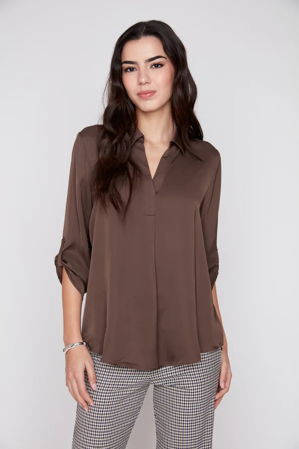 Lux Silky Long Sleeve Collared Blouse - Chocolate TOP RENUAR