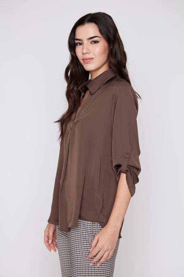 Lux Silky Long Sleeve Collared Blouse - Chocolate TOP RENUAR