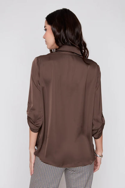 Lux Silky Long Sleeve Collared Blouse - Chocolate TOP RENUAR