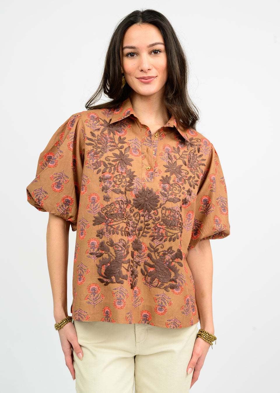Sophie Collared Top - Copper Block Embroidery Tops SISTER MARY