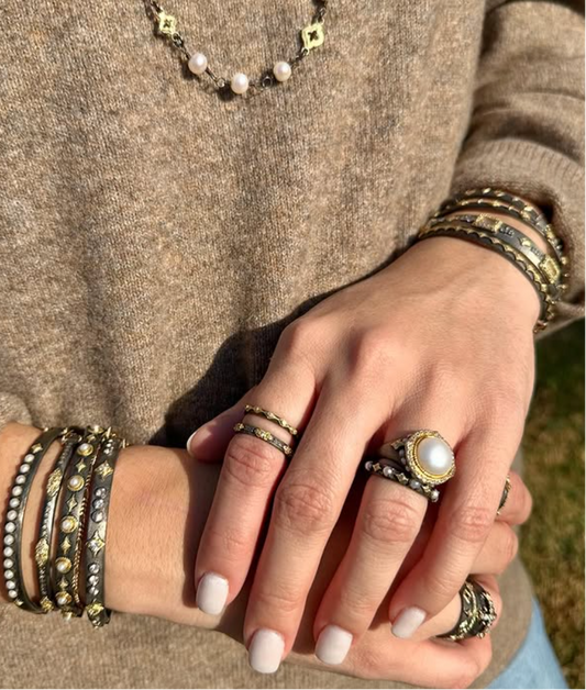 Pearl and Blackened Sterling Silver Crivelli Gold Stack Band Ring