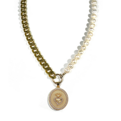 Pearl and Sacred Heart Chain Necklace Necklaces Rachel Nathan