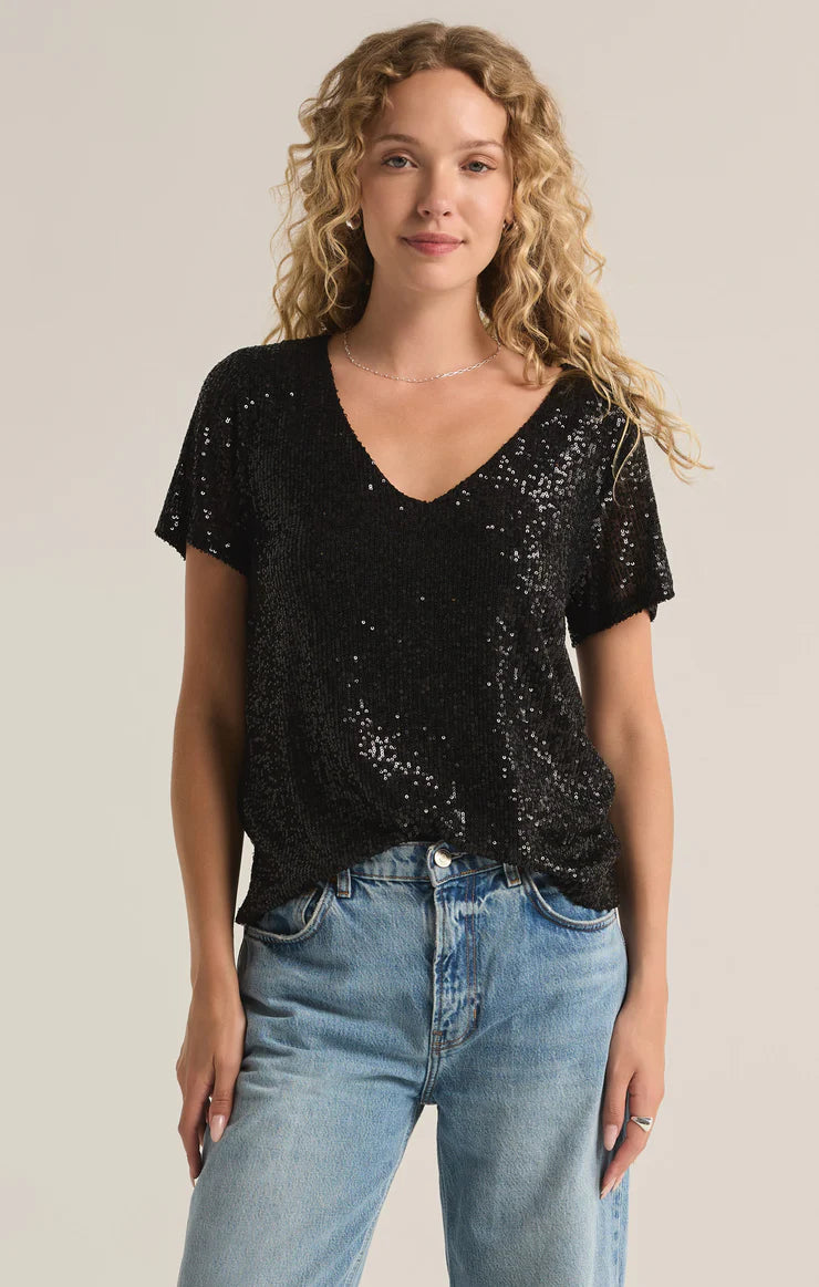 Marbella V-Neck Sequin Top - Black TOP Z Supply   