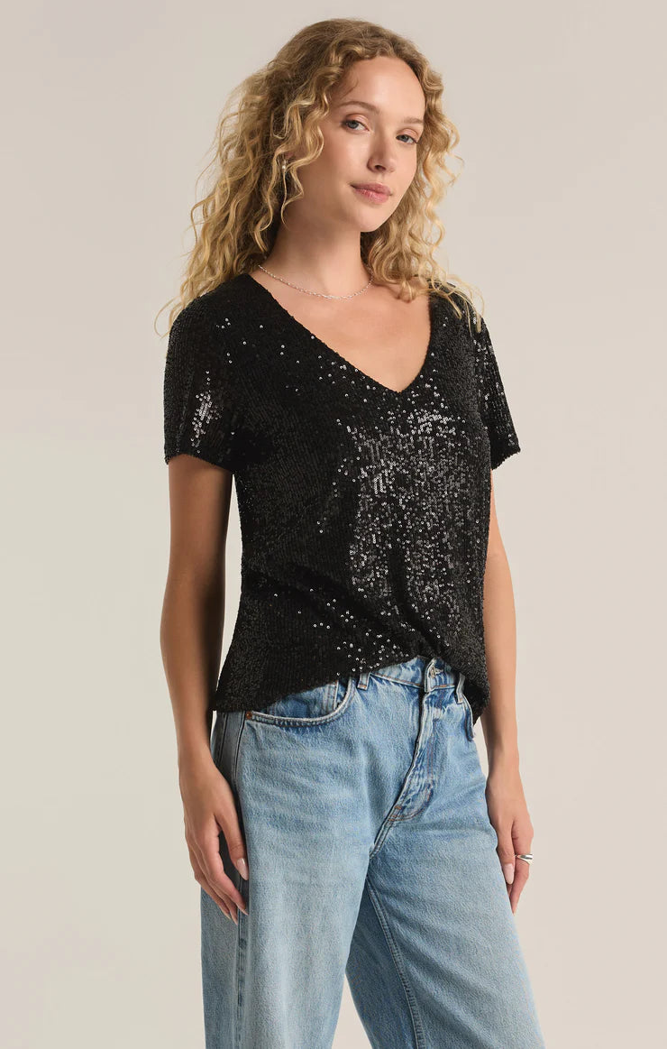 Marbella V-Neck Sequin Top - Black TOP Z Supply   