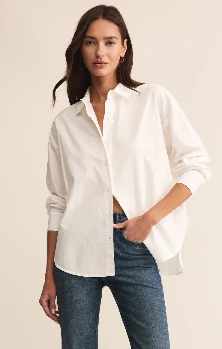 Elevated Poplin Button Up Shirt - White TOP Z Supply