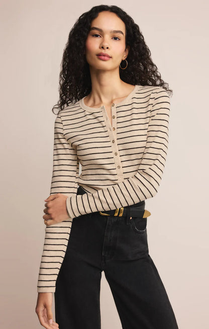 Eve Stripe Henley Long Sleeve Top - Light Oatmeal Heather TOP Z Supply