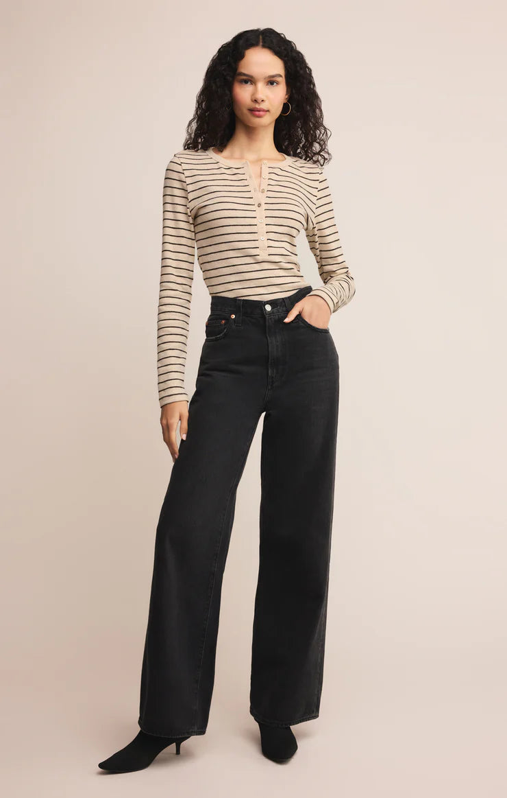 Eve Stripe Henley Long Sleeve Top - Light Oatmeal Heather TOP Z Supply