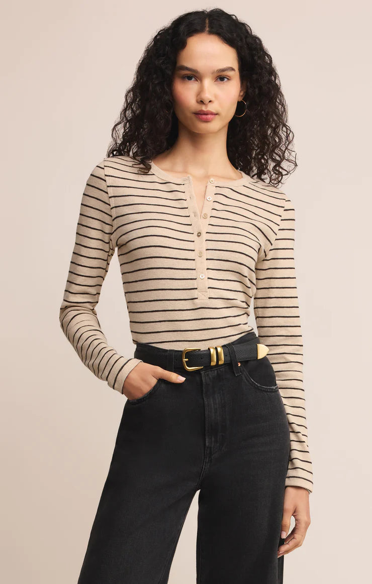 Eve Stripe Henley Long Sleeve Top - Light Oatmeal Heather TOP Z Supply