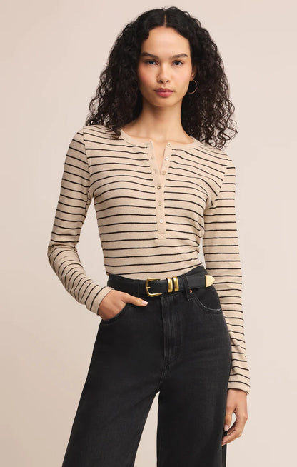Eve Stripe Henley Long Sleeve Top - Light Oatmeal Heather TOP Z Supply