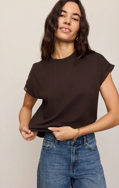 Marika Lace Trim Muscle Tee - Dark Chocolate