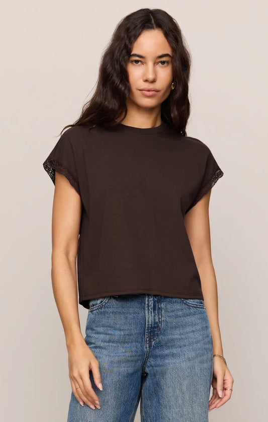 Marika Lace Trim Muscle Tee - Dark Chocolate