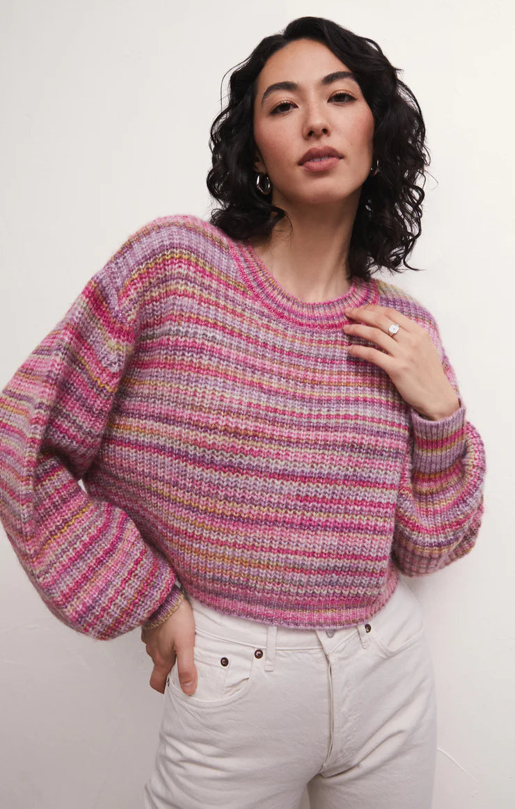 Prism Metallic Stripe Sweater - Magenta Punch V-Neck Tops Z-Supply   