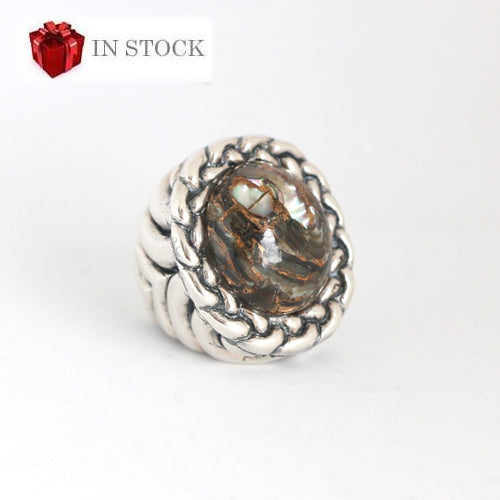 Large Oval Abalone Stone with Braided Bezel Ring Rings Dian Malouf   