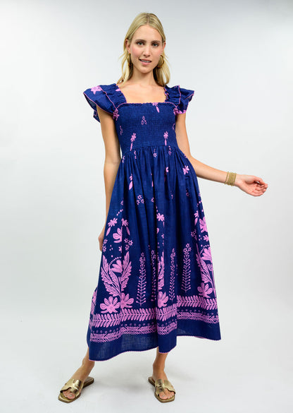 Smocked Border Navy and Lavender Dress