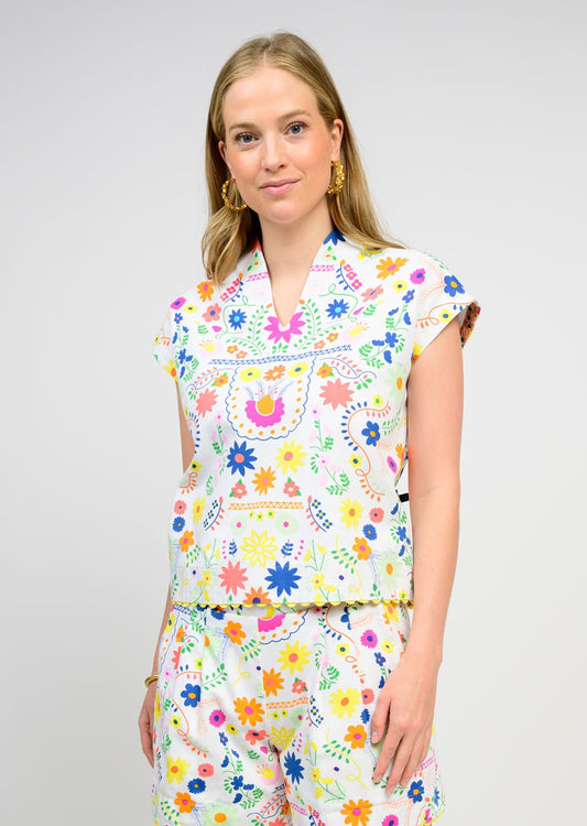 Flores Colorful Flower Print Top - White TOP SISTER MARY XS