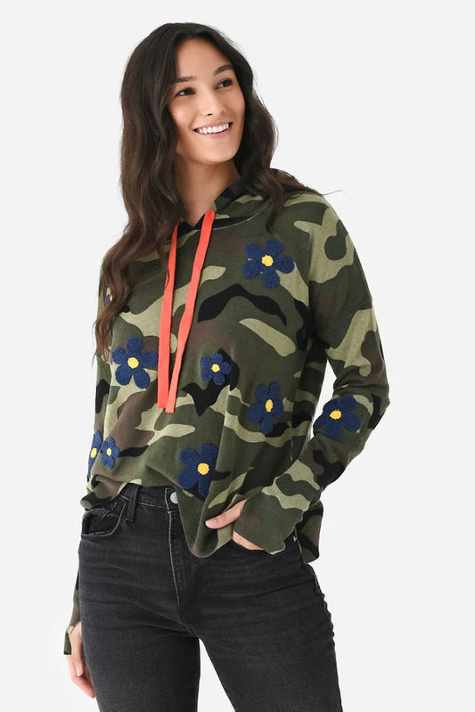 Camo Pullover Sweater Hoodie with Blue Daisies Sweaters J Society   
