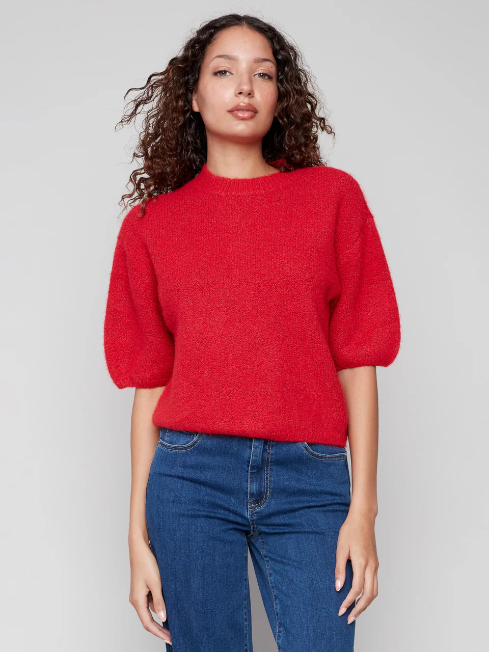 Balloon Elbow Sleeve Knit Sweater - Crimson TOP Charlie B