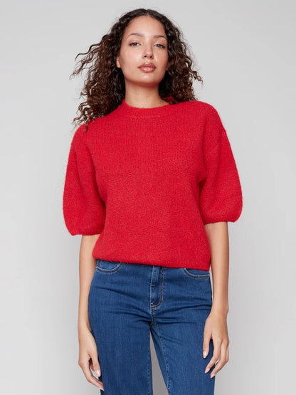 Balloon Elbow Sleeve Knit Sweater - Crimson TOP Charlie B