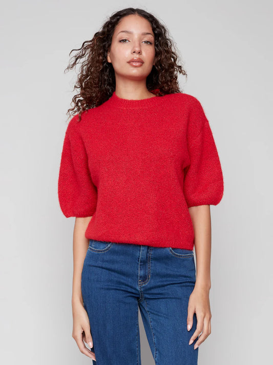 Balloon Elbow Sleeve Knit Sweater - Crimson TOP Charlie B