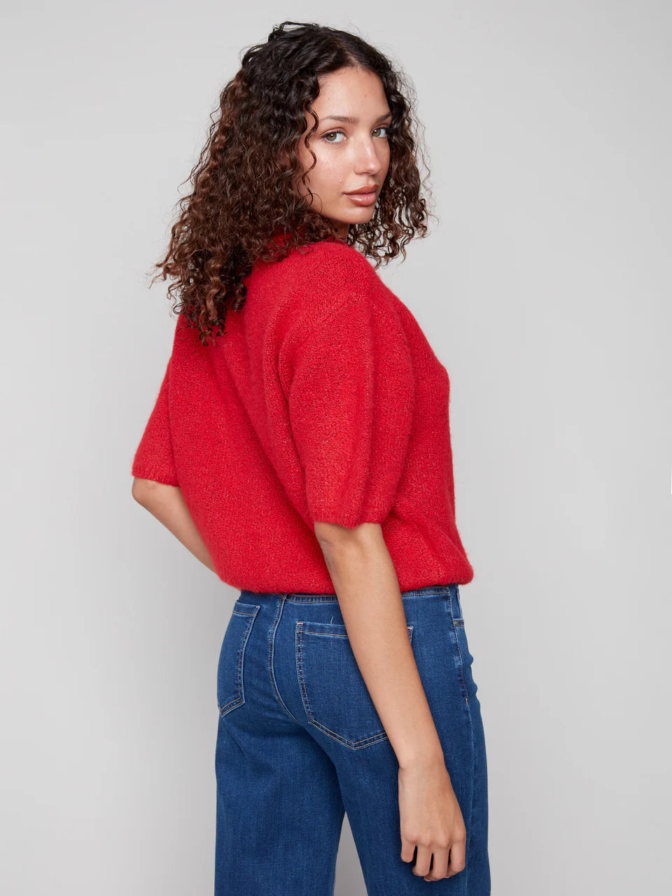 Balloon Elbow Sleeve Knit Sweater - Crimson TOP Charlie B