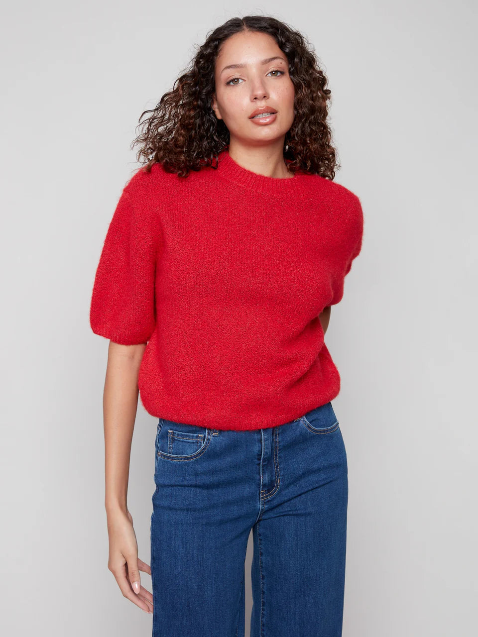 Balloon Elbow Sleeve Knit Sweater - Crimson TOP Charlie B