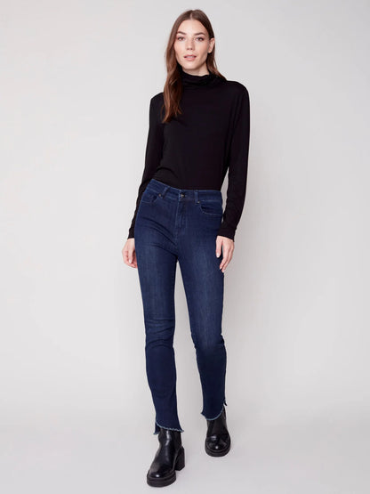 Bootcut Jeans with Asymmetrical Fringed Hem - Blue Black Jeans Charlie B   