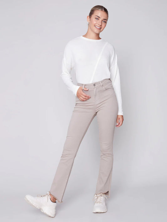 Bootcut Twill Pants with Asymmetrical Fringed Hem - Almond Jeans Charlie B   