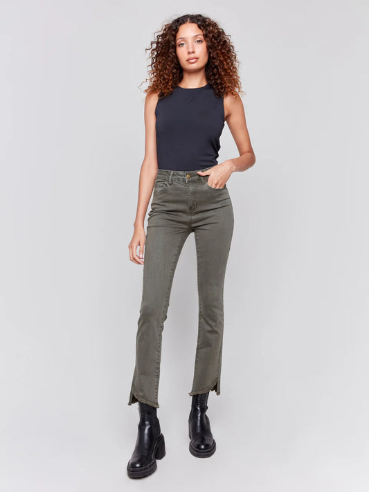 Boocut Twill with Asymmetrical Hem Pants - Spruce PANTS Charlie B   