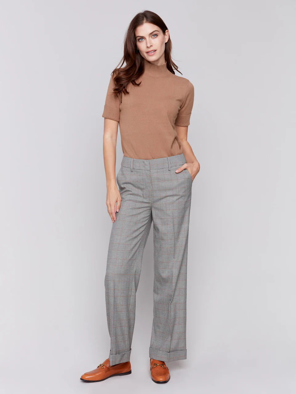 Glen Check Plaid Flare Pants - Terracotta Trousers Charlie B   