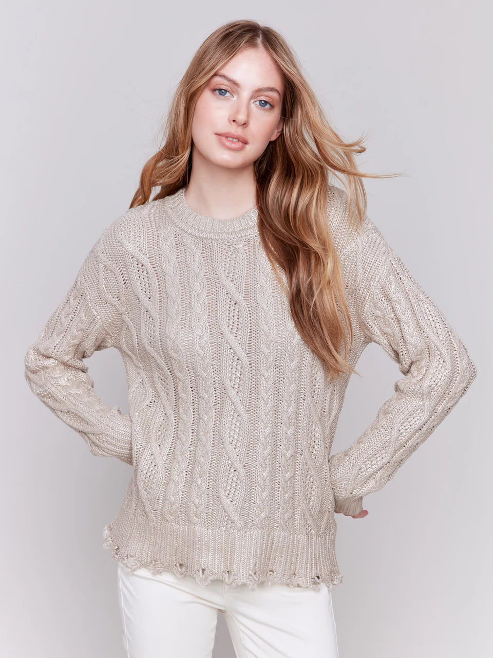 Metallic Cable Knit Sweater - Champagne Sweaters Charlie B   