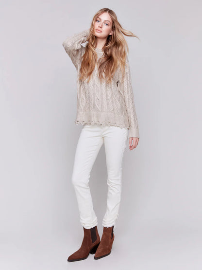 Metallic Cable Knit Sweater - Champagne Sweaters Charlie B   