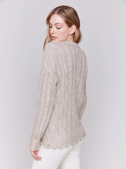 Metallic Cable Knit Sweater - Champagne Sweaters Charlie B   