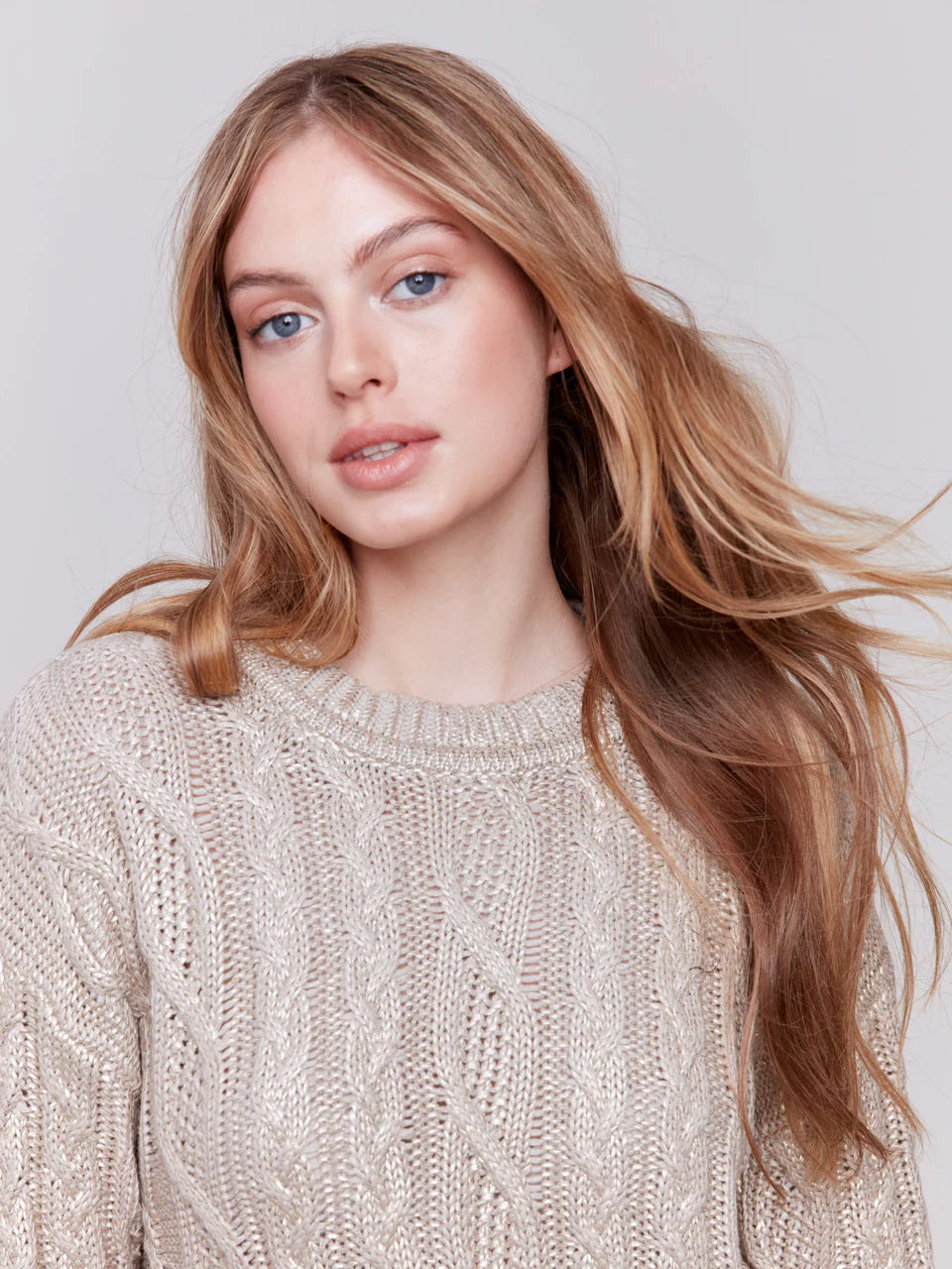 Metallic Cable Knit Sweater - Champagne Sweaters Charlie B   