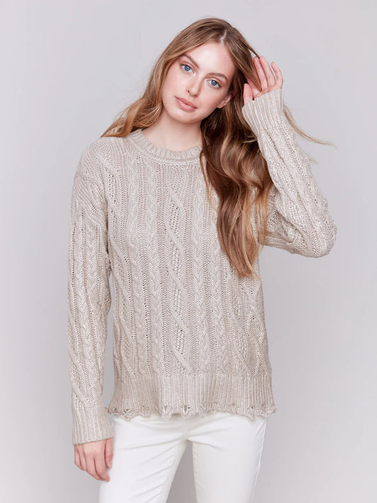 Metallic Cable Knit Sweater - Champagne Sweaters Charlie B   