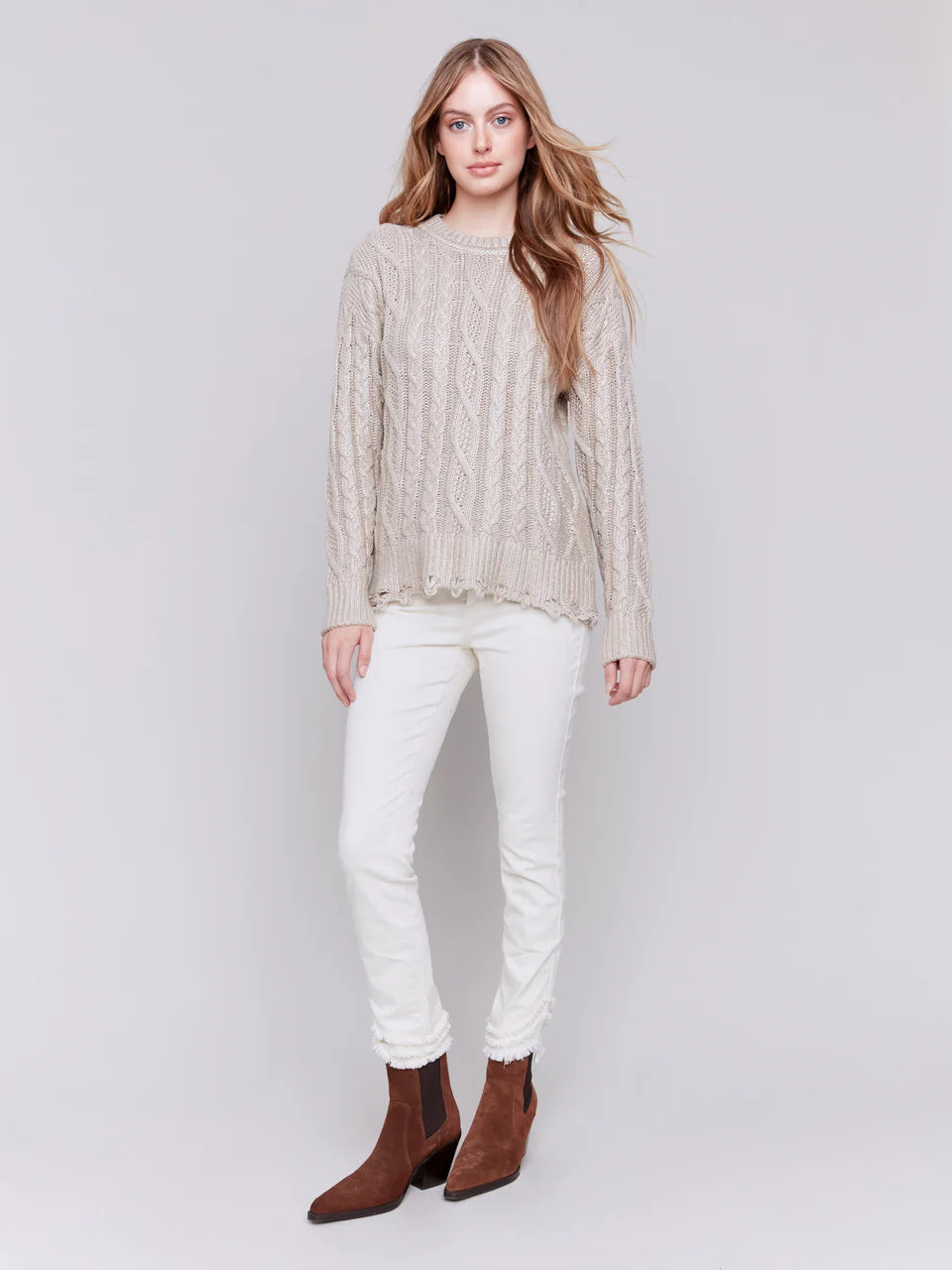 Metallic Cable Knit Sweater - Champagne Sweaters Charlie B   