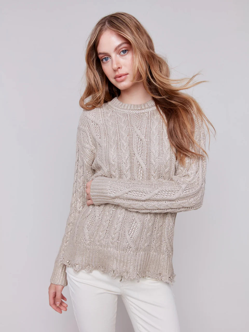 Metallic Cable Knit Sweater - Champagne Sweaters Charlie B   