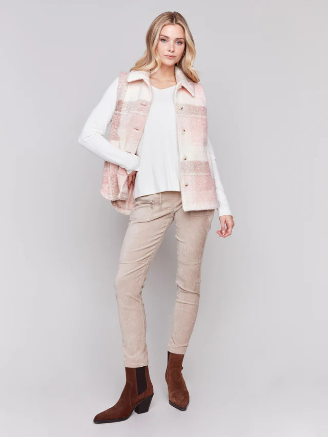 Sherpa Plaid Long Vest with Pockets - Quartz Vests Charlie B   