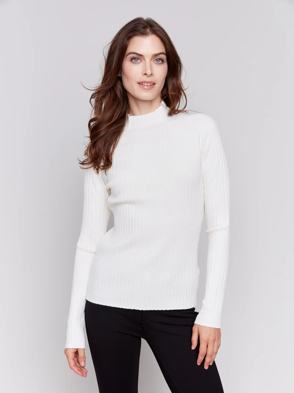 Mock Neck Ribbed Fine Sweater Knit - Ecru Sweaters Charlie B   